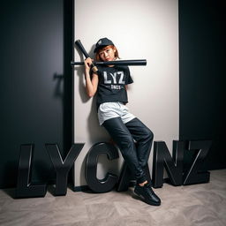 A high-resolution, full HD image of a Japanese woman wearing modern kid hip-hop dance clothes, featuring black shoes and a black baseball cap