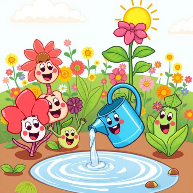 A whimsical cartoon illustration depicting the concept of water being essential for plants