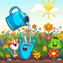 A whimsical cartoon illustration depicting the concept of water being essential for plants