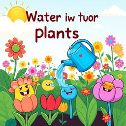 A whimsical cartoon illustration depicting the concept of water being essential for plants