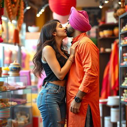 A beautiful scene of a woman resembling Kriti Sanon in a vibrant shop setting, dressed in stylish jeans and a trendy top