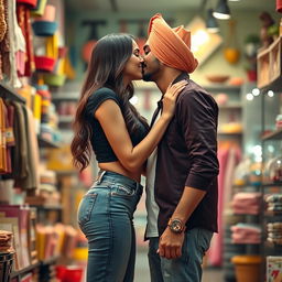 A beautiful scene of a woman resembling Kriti Sanon in a vibrant shop setting, dressed in stylish jeans and a trendy top