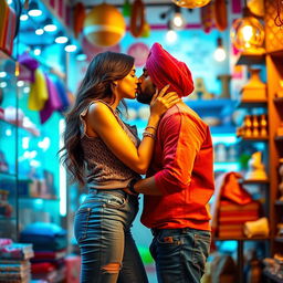 A beautiful scene of a woman resembling Kriti Sanon in a vibrant shop setting, dressed in stylish jeans and a trendy top