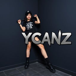 A high-resolution, full HD image of a Japanese woman dressed in modern kid hip-hop dance attire, featuring black shoes and a black baseball cap