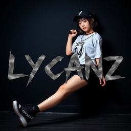 A high-resolution, full HD image of a Japanese woman dressed in modern kid hip-hop dance attire, featuring black shoes and a black baseball cap