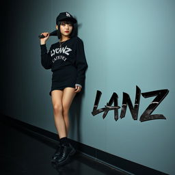 A high-resolution, full HD image of a Japanese woman dressed in modern kid hip-hop dance attire, featuring black shoes and a black baseball cap