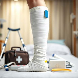A leg in a plaster cast, depicting a recent fracture following an accident