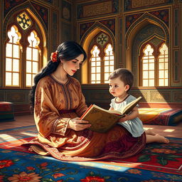 A beautiful scene depicting a mother reading a book to her child in an old Iranian painting style