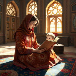 A beautiful scene depicting a mother reading a book to her child in an old Iranian painting style