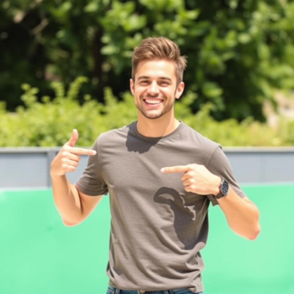 A cheerful man standing confidently with a bright smile, pointing to an empty space next to him