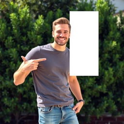 A cheerful man standing confidently with a bright smile, pointing to an empty space next to him