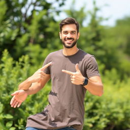 A cheerful man standing confidently with a bright smile, pointing to an empty space next to him