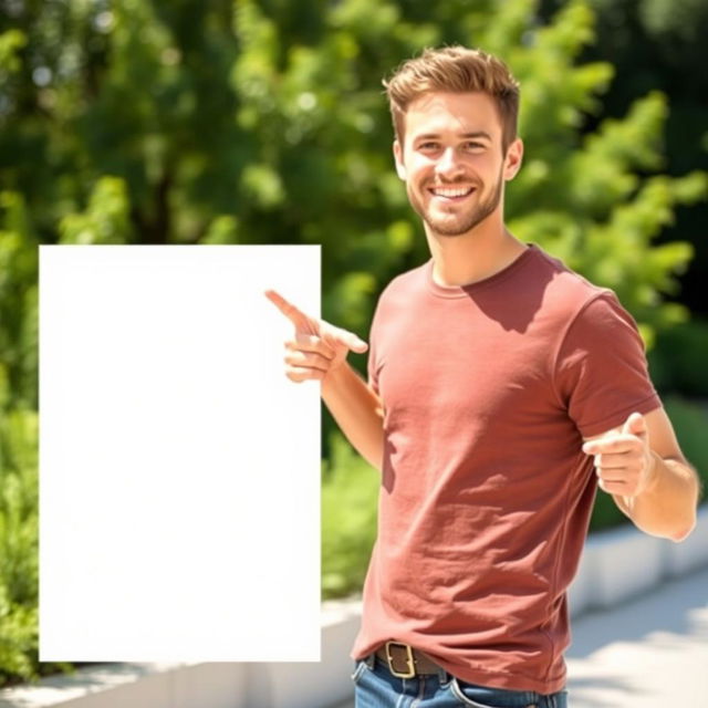 A cheerful man standing confidently with a bright smile, pointing to an empty space next to him