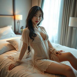 A beautiful and sexy Japanese girl wearing a flesh-colored, see-through long sleeve negligee nightgown layered over alluring lingerie