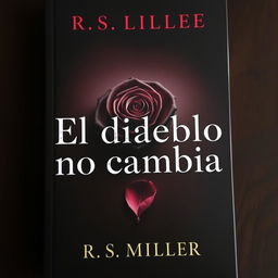 A book cover with a dark and mysterious background, featuring a striking dark rose at the center with one fallen petal