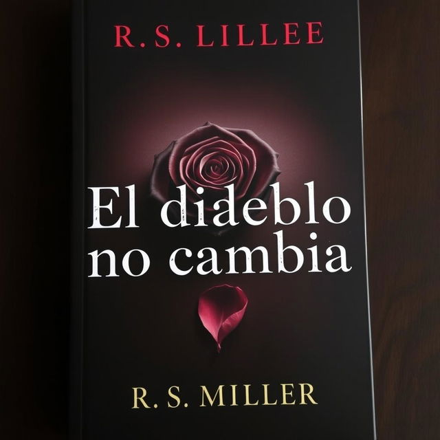 A book cover with a dark and mysterious background, featuring a striking dark rose at the center with one fallen petal