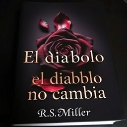 A book cover with a dark and mysterious background, featuring a striking dark rose at the center with one fallen petal