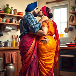 A passionate scene in a cozy kitchen featuring a chubby woman dressed in a traditional saree with vibrant colors, accentuating her curves, including her large bust and round backside