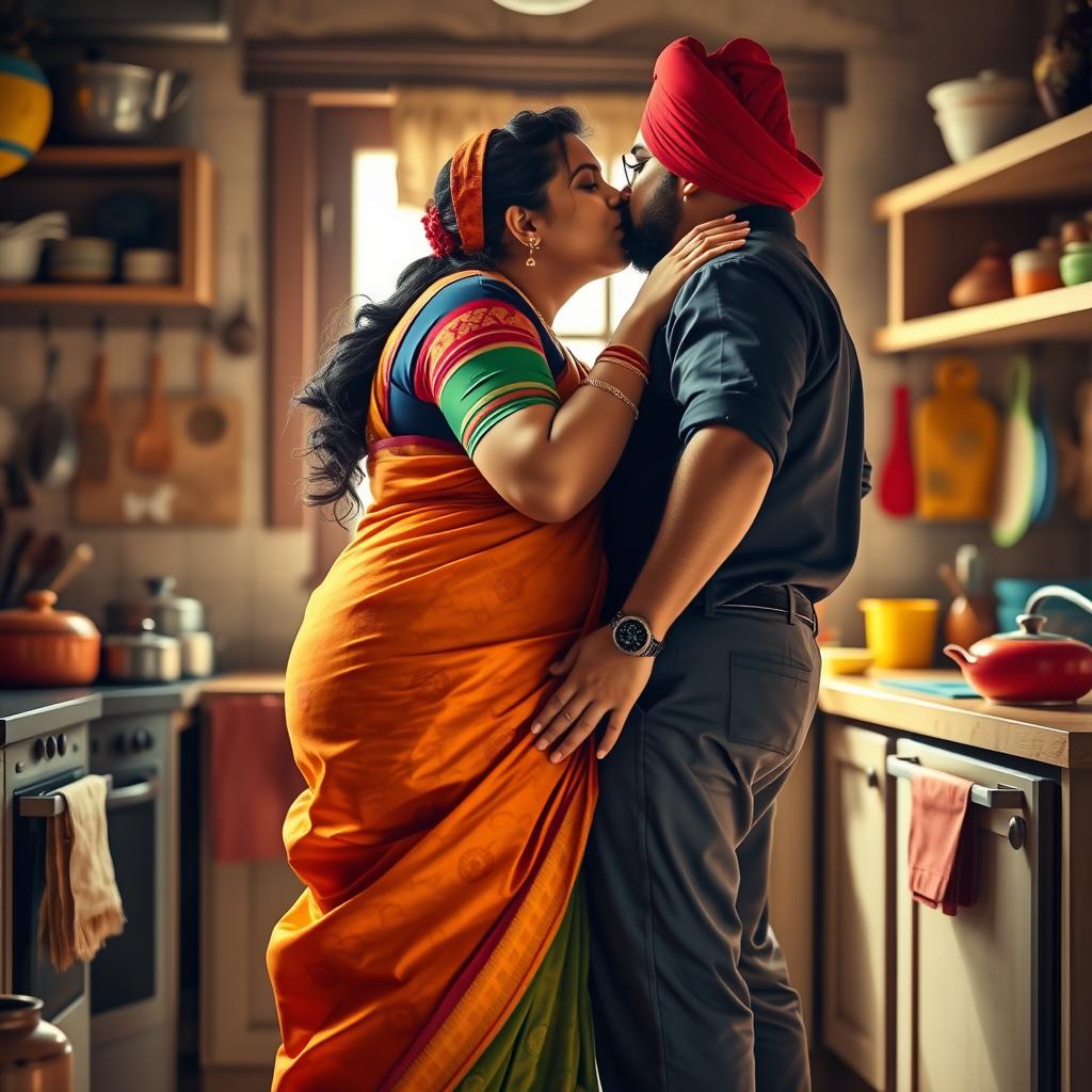 A passionate scene in a cozy kitchen featuring a chubby woman dressed in a traditional saree with vibrant colors, accentuating her curves, including her large bust and round backside