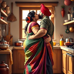 A passionate scene in a cozy kitchen featuring a chubby woman dressed in a traditional saree with vibrant colors, accentuating her curves, including her large bust and round backside