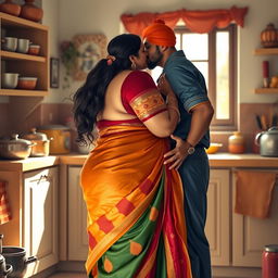 A passionate scene in a cozy kitchen featuring a chubby woman dressed in a traditional saree with vibrant colors, accentuating her curves, including her large bust and round backside