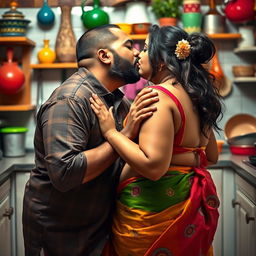 A chubby woman wearing a colorful saree with her cleavage visible, passionately kissing a Sardar boy in a kitchen