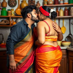 A chubby woman wearing a colorful saree with her cleavage visible, passionately kissing a Sardar boy in a kitchen