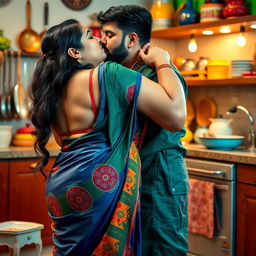 A chubby woman wearing a colorful saree with her cleavage visible, passionately kissing a Sardar boy in a kitchen