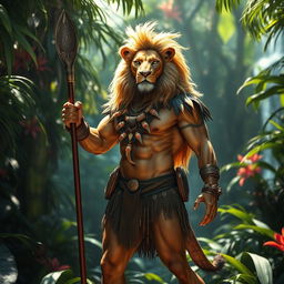 A powerful and majestic creature, a lion man with an athletic physique stands proudly in a lush, vibrant jungle