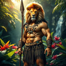 A powerful and majestic creature, a lion man with an athletic physique stands proudly in a lush, vibrant jungle