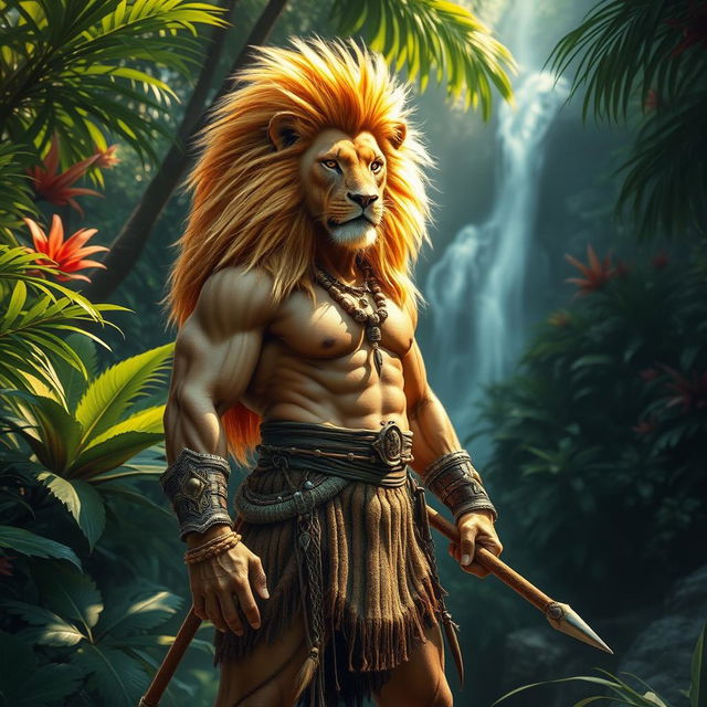 A powerful and majestic creature, a lion man with an athletic physique stands proudly in a lush, vibrant jungle