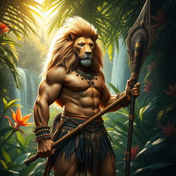 A powerful and majestic creature, a lion man with an athletic physique stands proudly in a lush, vibrant jungle