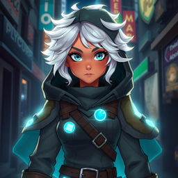 A character portrait of **Lyra Solace**, also known as "Glow", a 19-year-old alchemist and rebel innovator