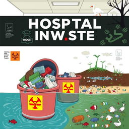 An informative and visually engaging illustration depicting the impact of hospital waste on ecology and people