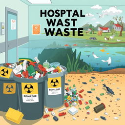 An informative and visually engaging illustration depicting the impact of hospital waste on ecology and people