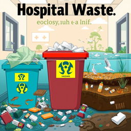 An informative and visually engaging illustration depicting the impact of hospital waste on ecology and people