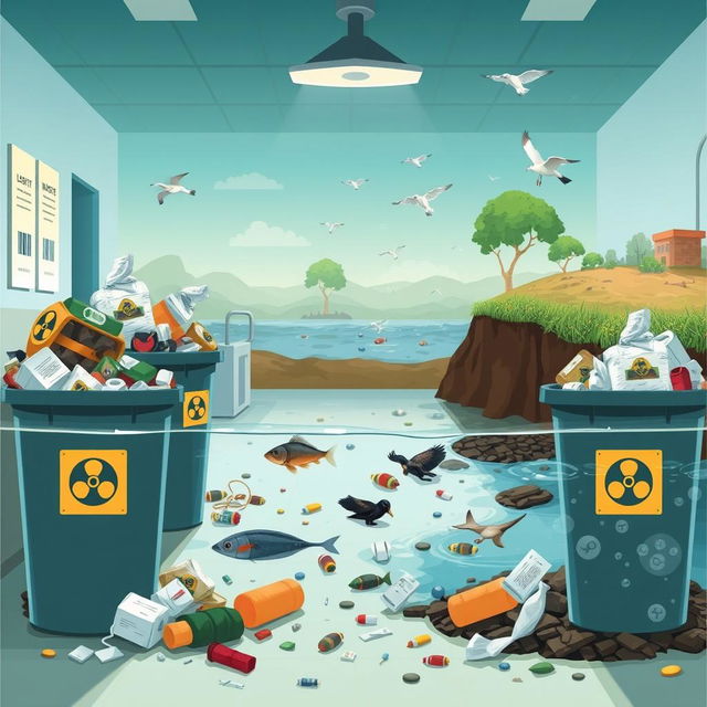 An informative and visually engaging illustration depicting the impact of hospital waste on ecology and people