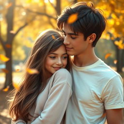 A romantic scene depicting a girl leaning on a boy's shoulder
