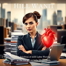A poignant book cover featuring a strong, hardworking woman in a busy office environment, with stacks of papers and a laptop in front of her