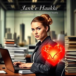 A poignant book cover featuring a strong, hardworking woman in a busy office environment, with stacks of papers and a laptop in front of her