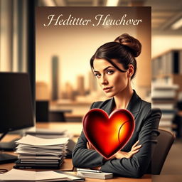 A poignant book cover featuring a strong, hardworking woman in a busy office environment, with stacks of papers and a laptop in front of her