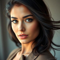 A portrait of a beautiful woman with striking features and captivating eyes, showcasing her flowing hair, now transformed to a rich, deep black color