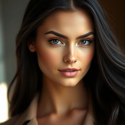A portrait of a beautiful woman with striking features and captivating eyes, showcasing her flowing hair, now transformed to a rich, deep black color