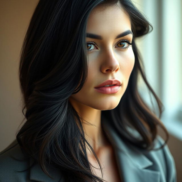 A portrait of a beautiful woman with striking features and captivating eyes, showcasing her flowing hair, now transformed to a rich, deep black color