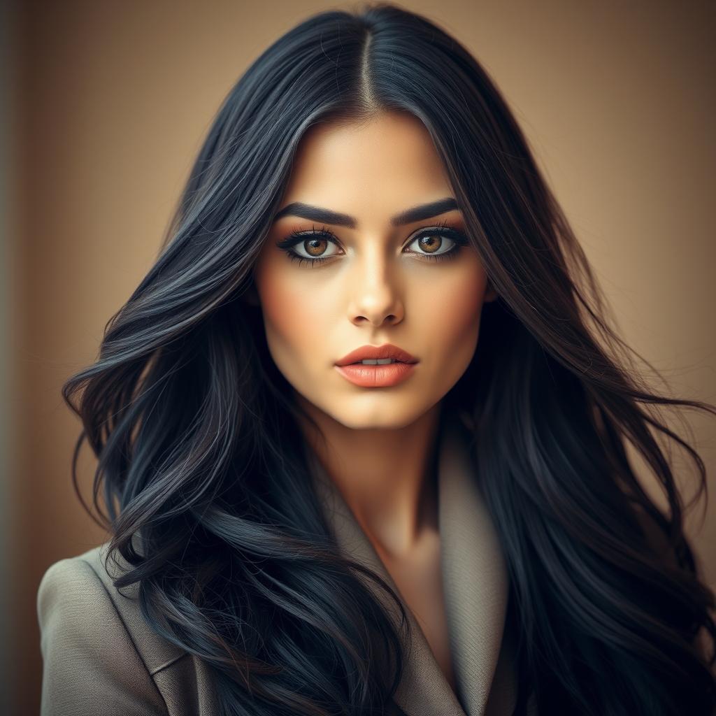 A portrait of a beautiful woman with striking features and captivating eyes, showcasing her flowing hair, now transformed to a rich, deep black color