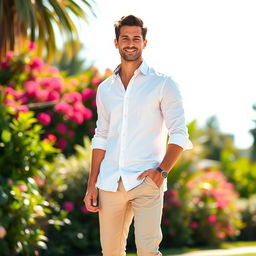 A fashionable male model wearing a stylish white button-up shirt, designed for a summer outdoor setting with a vibrant garden in the background