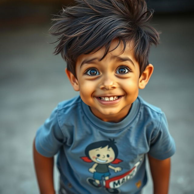 A playful 8-year-old boy with messy, dark brown hair sticking out in various directions, giving him a carefree appearance