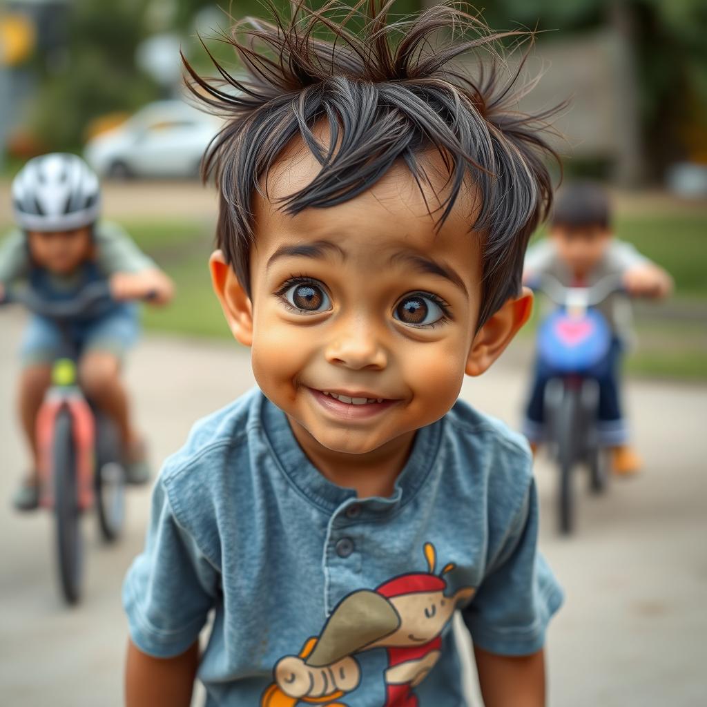 A playful 8-year-old boy with messy, dark brown hair sticking out in various directions, giving him a carefree appearance