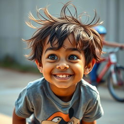 A playful 8-year-old boy with messy, dark brown hair sticking out in various directions, giving him a carefree appearance