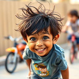 A playful 8-year-old boy with messy, dark brown hair sticking out in various directions, giving him a carefree appearance